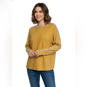 LIV Milano Mustard Yellow Embellished Knit Top M/L